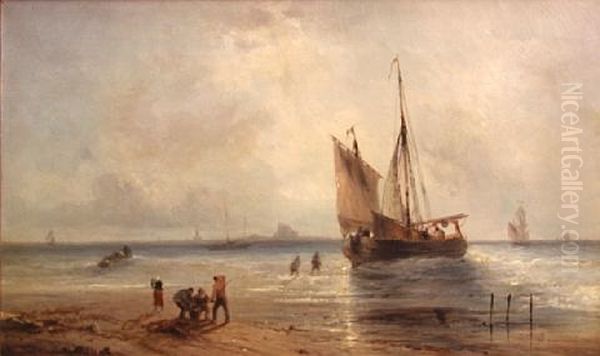 Boats Off Shore With Figures On The Beach Oil Painting by Andre Foneche