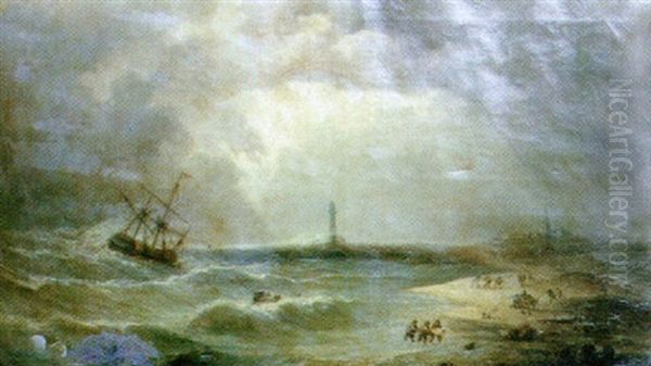 Le Retour Des Pecheurs Sur La Mer Agitee Oil Painting by Andre Foneche