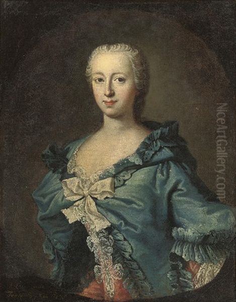 Portrait Of Adrienne Lecouvreur In A Pink Dress With Lace And A Blue Mantle Oil Painting by Louis De Fontaine