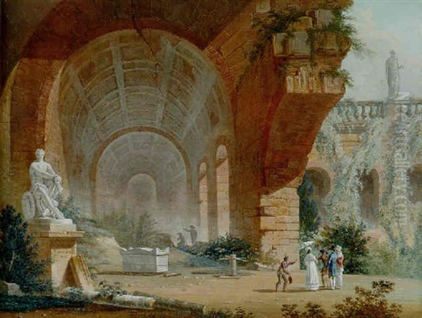 Roman Ruins With Tourists Guided By A Cicerone, The Ludovisi Mars In The Foreground Oil Painting by Pierre Francois Leonard Fontaine