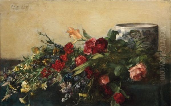 Fleurs Et Vase Sur Un Entablement Oil Painting by Victor Fontaine