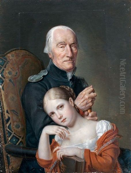 Portrait D'un Ancien Capitaine Chevalier De L'ordre De Saint Louis Age De 70 Ans Avec Sa Petite Fille Oil Painting by Jean Francois Gerard Fontallard