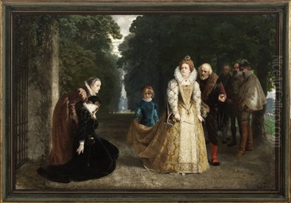 Scene Med Den Knaelende Marie Stuart Med Hofdame Foran Elizabeth I Og Hendes Folge Oil Painting by Ernesto Fontana