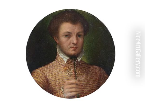 Portrait Of A Gentleman, Bust-length, In A Red And Yellow Brocade Jacket, With A Lace Collar Oil Painting by Lavinia Fontana