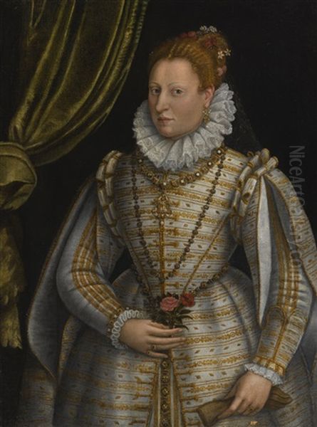 Portrait Of A Lady, Three-quarter Length, Dressed In A White And Gold Embroidered Gown, Holding A Glove In One Hand And A Rose And A Pink In The Other Oil Painting by Lavinia Fontana