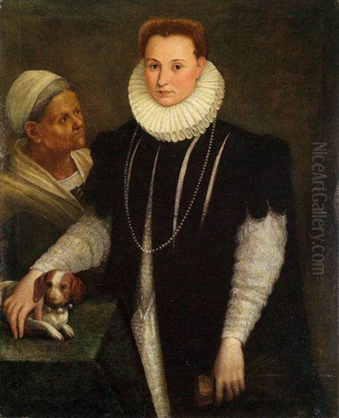 Portrait Of A Noblewoman With A Servant And Small Dog Oil Painting by Lavinia Fontana