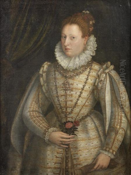 Portrait Of A Noble Lady, Three-quarter Length, In A White And Gold Embroidered Dress Oil Painting by Lavinia Fontana