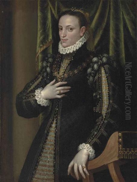 Portrait Of A Lady, Three-quarter-length, In A Richly Embroidered Gold And Silver Thread Dress, A Black Coat With Slashed Sleeves, A Ruff... Oil Painting by Lavinia Fontana