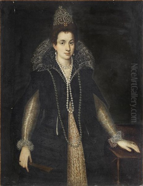 Portrait Of A Lady, Three-quarter-length, In A Black Embroidered Dress, Standing Beside A Table Oil Painting by Lavinia Fontana