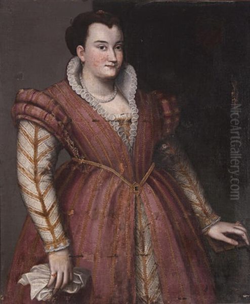 A Portrait Of A Noblewoman, Three-quarter Length, Wearing A Gold And Red Brocade Dress Oil Painting by Lavinia Fontana