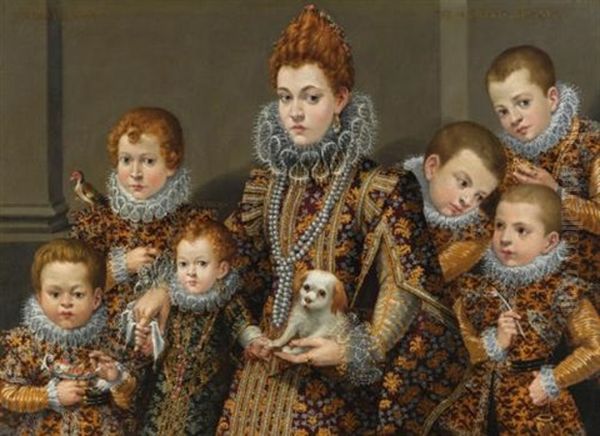 Portrait Of Bianca Degli Utili Maselli, Half Length, In An Interior, Holding A Dog And Surrounded By Six Of Her Children by Lavinia Fontana