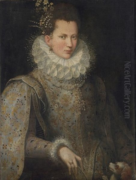 Portrait Of A Lady In An Embroidered Gown And White Collar, With A Dog Oil Painting by Lavinia Fontana