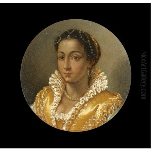 Portrait Of A Girl In A Yellow Silk Dress With A Lace Collar, Wearing A Pearl Necklace And String Of Pearls In Her Hair Oil Painting by Lavinia Fontana