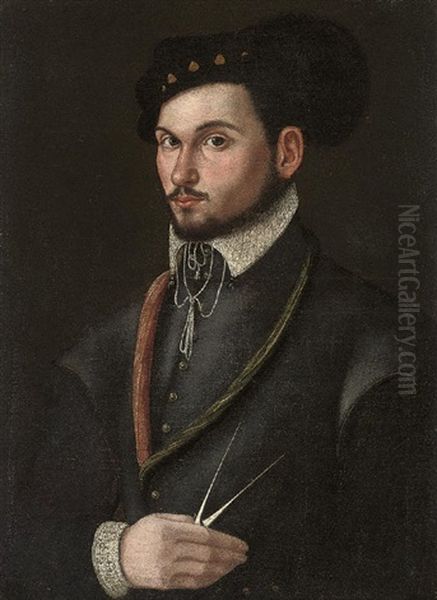 Portrait Of A Navigator In A Black Doublet And A Plumed Hat, A Pair Of Compasses In His Right Hand Oil Painting by Lavinia Fontana