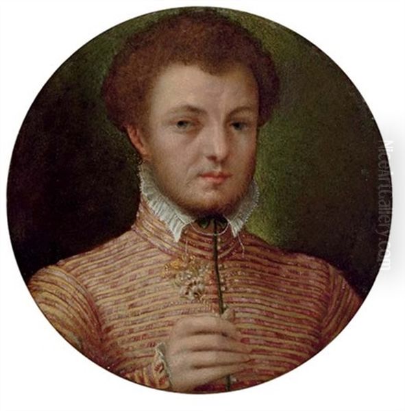 Portrait Of A Gentleman In A Red And Yellow Brocade Jacket, With A Lace Collar Oil Painting by Lavinia Fontana