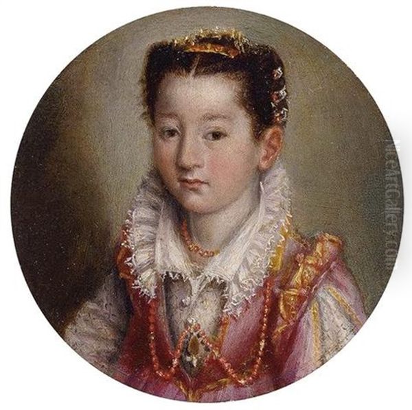 Portrait Of A Girl In A Pink Embroidered Dress, Wearing A Coral Necklace Oil Painting by Lavinia Fontana