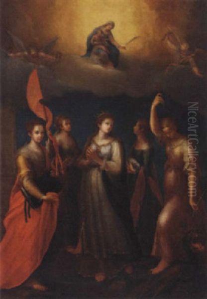 The Madonna And Child Appearing To Saints Barbara, Ursula, Catherine Of Alexandria, Agnes And Margaret Of Antioch Oil Painting by Lavinia Fontana