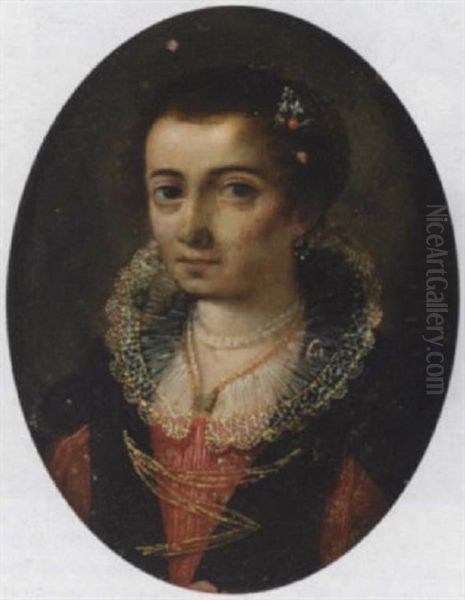 Portrait Of A Lady Wearing An Elaborate Ruff And A Red Embroidered Dress Oil Painting by Lavinia Fontana