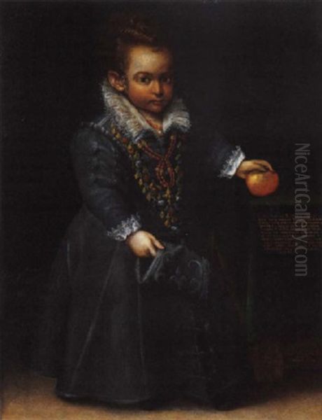 Ritratto Di Antonia Ghini Bambina, In Abito Ricamato Grigio, Con La Mano Sinistra Su Una Mela, Su Un Tavolo Oil Painting by Lavinia Fontana