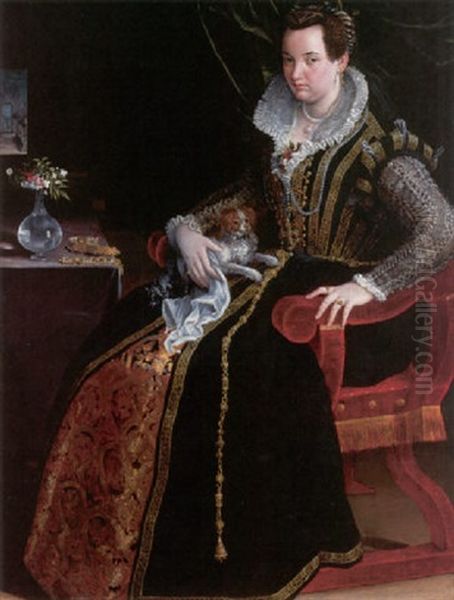 A Portrait Of Costanza Alidosi Seated And Holding A Small Dog, A Still Life Of A Vase Of Flowers And Jewelry Oil Painting by Lavinia Fontana