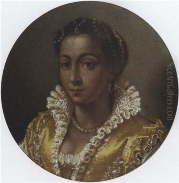 Portrait Of A Girl In A Yellow Silk Dress With A Lace Collar, A Pearl Necklace And String Of Pearls In Her Hair Oil Painting by Lavinia Fontana