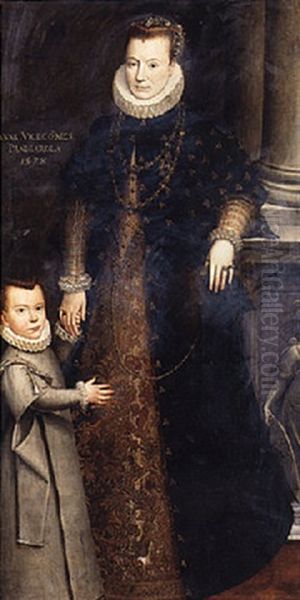 Portrait Of Anna, Viscountess Of Panigarola, Beside A Pillar With Her Child Oil Painting by Lavinia Fontana