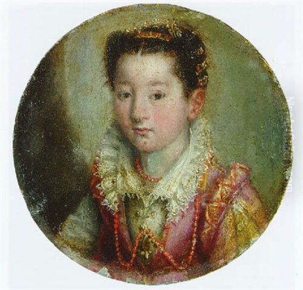 Portrait Of A Girl, Bust Length, In A Pink And White Embroidered Dress, Wearing A Coral Necklace Oil Painting by Lavinia Fontana