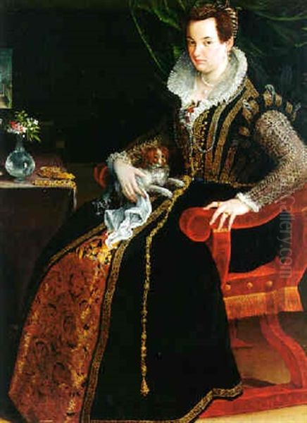 Portrait Of Costanza Alidosi Seated And Holding A Small Dog Oil Painting by Lavinia Fontana