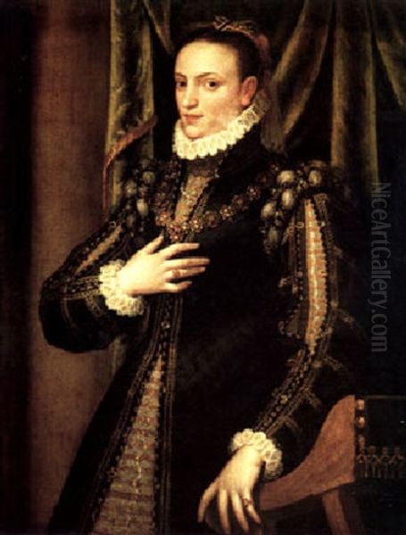 A Portrait Of A Lady Standing, Three Quarter Length Before A Draped Curtain, Her Left Hand Resting On The Arm Of A Chair Oil Painting by Lavinia Fontana