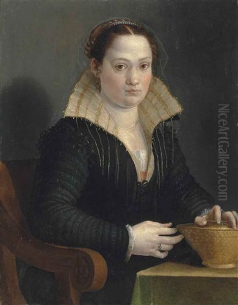 Portrait Of A Lady, Half-length, In A Black Silk Dress With A White And Gold Standing Flared Collar And A Veil, Her Left Hand Resting On A Basket Oil Painting by Prospero Fontana