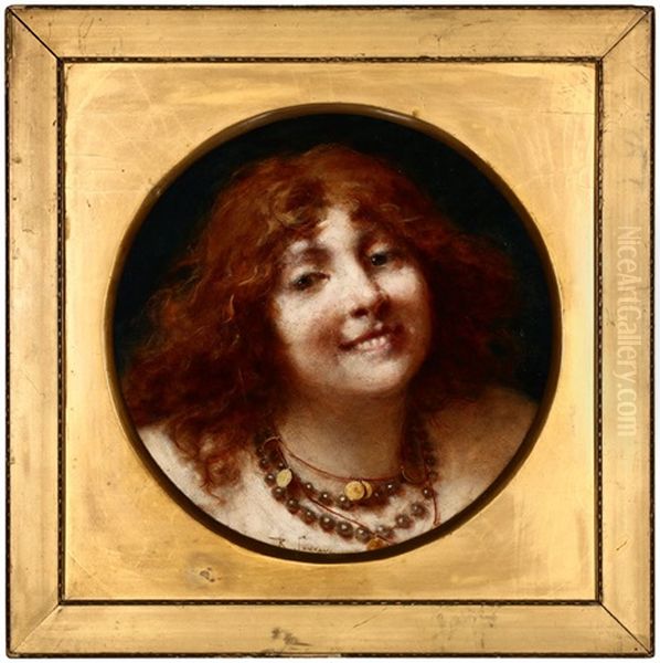 Smiling Girl, Wearing A Gold Coin Necklace Oil Painting by Roberto Fontana