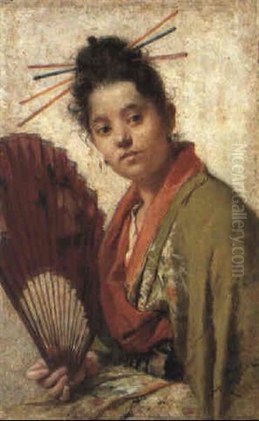 Young Girl Holding A Fan Oil Painting by Roberto Fontana