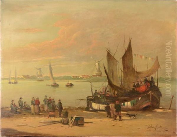 Harbor Scene With Fishing Boat by Antonio Fontanesi