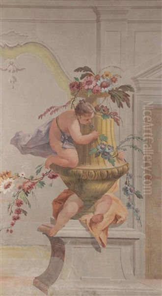 Gioco Di Putti Intorno A Vaso Con Fiori Su Sfondo Di Architetture Oil Painting by Francesco Salvator Fontebasso