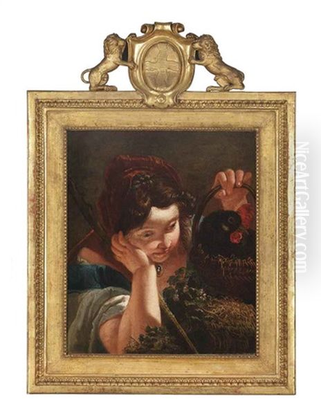 A Young Girl Holding A Hen In A Basket In Her Left Hand Oil Painting by Francesco Salvator Fontebasso