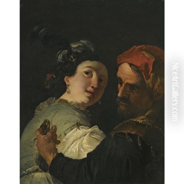 A Bearded Man Embracing A Young Woman Whilst Holding A Money-bag Oil Painting by Francesco Salvator Fontebasso