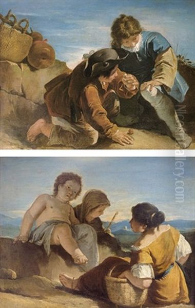 Enfants Jouant Aux Osselets; Et Deux Paysannes Et Un Enfant Jouant Dans Un Paysage (various Sizes; Pair) Oil Painting by Francesco Salvator Fontebasso