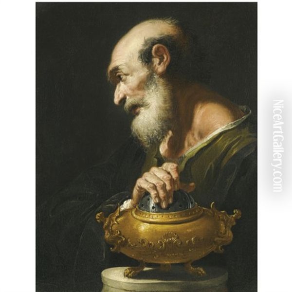 Bearded Figure Wearing A Black Tunic With His Hand Over A Brazier (study Of Mucius Scaevola?) Oil Painting by Francesco Salvator Fontebasso