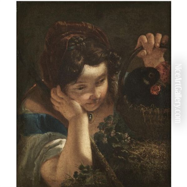 A Young Girl Holding A Cockerel In A Basket Oil Painting by Francesco Salvator Fontebasso