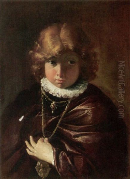 Portrait Of A Young Boy Holding A Medallion Oil Painting by Francesco Salvator Fontebasso