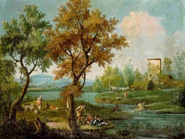 Italianate River Landscape With Peasants Oil Painting by Francesco Salvator Fontebasso