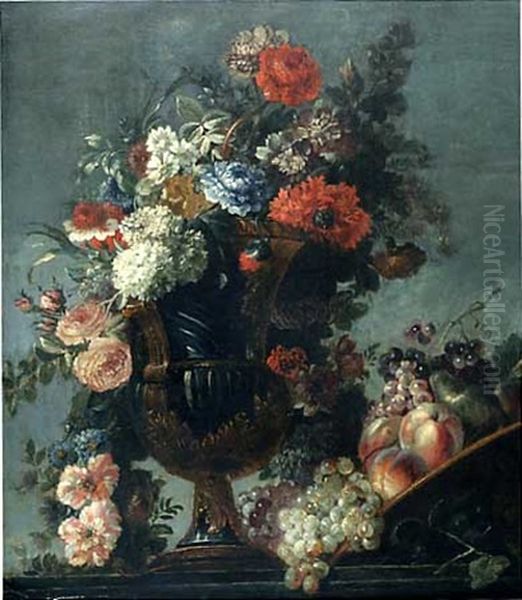 Nature Morte Au Vase Et Fleurs Et Coupe De Fruits Oil Painting by Louis Belin de Fontenay