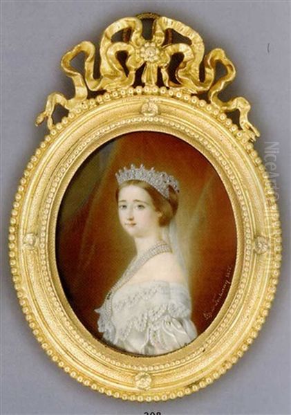 Empress Eugenie, In White Silk Dress With Lace Detail And Ribbons Tied Off The Shoulder, Five Strand Long Pearl Necklace, Pearl Tiara And Falling White Ribbon In Her Upswept Brown Hair Oil Painting by Louis Henri De Fontenay