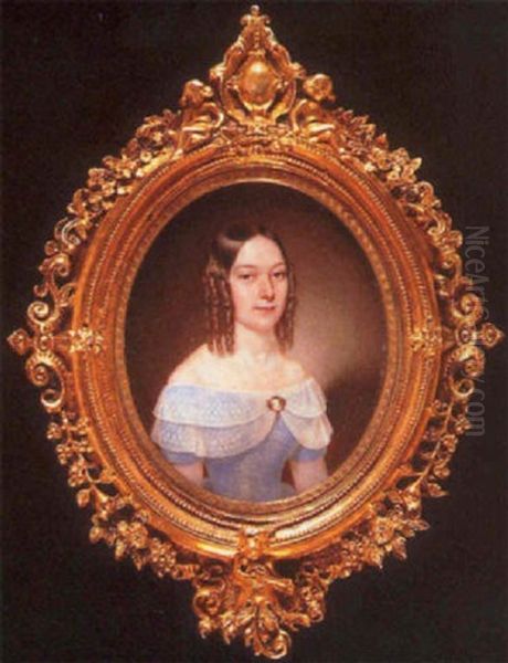 Portrait Of A Young Lady In Pale Blue Dress With Wide, White Lace Collar, A Cameo Brooch At Her Corsage Oil Painting by Louis Henri De Fontenay