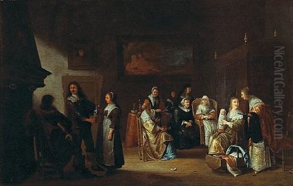 An Interior With A Dutch Family Celebrating The Birth Of A Baby Oil Painting by Adriaen Lucasz Fonteyn