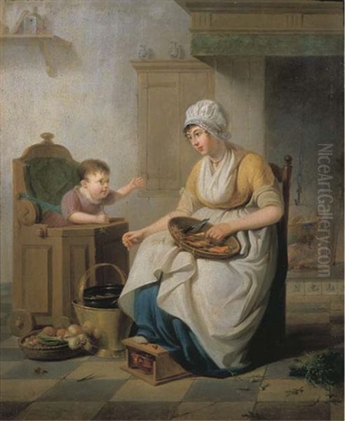 A Small Child In A High Chair With A Servant Cleaning Vegetables Seated Nearby, In A Kitchen Interior Oil Painting by Pieter Fonteyn