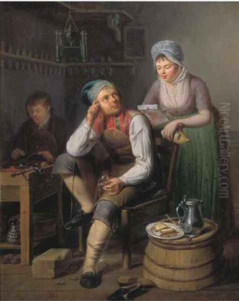 A Shoemaker And A Cobbler At Work, A Lady Reading A Letter Nearby Oil Painting by Pieter Fonteyn