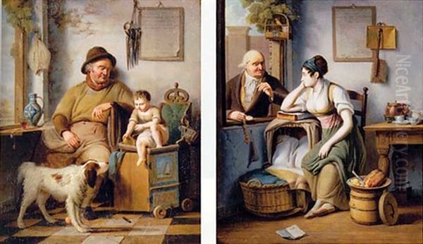 A Small Child, A Man And A Dog In An Interior (+ A Young Mother Seated Next To A Cradle In An Interior Listening To An Old Man At An Open Window Nearby; Pair) Oil Painting by Pieter Fonteyn