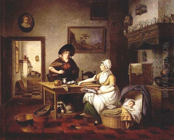 A Kitchen Interior With A Mother Holding A Plate Of Fish, A Baby Sleeping In A Cradle, And A Woman Holding A Bucket Of Fish Standing Next To A Table, A View Of The Pantry Beyond Oil Painting by Pieter Fonteyn