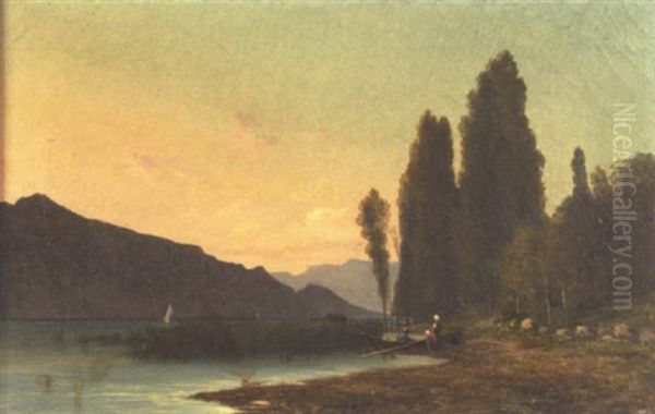 Personnage Embarquant Sur Un Lac De Montagne Oil Painting by Horace-Antoine Fonville